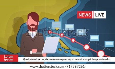 Woman Reporter Leading Life News About Hurricane Weather Broadcast Storm Or Tornado Image Coming To Usa Coast Concept Vector Illustration