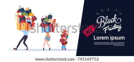 Black Friday Poster With Family Carry Stack Of Presents Over White Background Holiday Seasonal Sale Concept Flat Vector Illustration