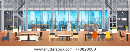 Empty Coworking Space Interior Modern Coworking Office Creative Workplace Space Horizontal Banner Flat Vector Illustration