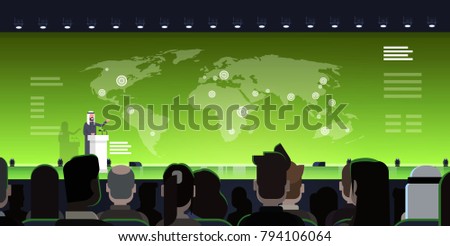 International Conference Meeting Concept Arab Business Man Or Politician Leading Presentation From Tribune Over World Map Arabian Speaker Training With Big Audience Flat Vector Illustration