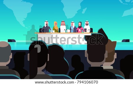 Group Of Arab Business People On Conference Public Debate Interview Concept Official Meeting Of Arabic Politicians In Front of Big Audience Flat Vector Illustration