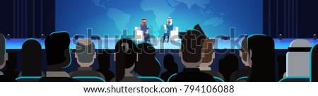 Two Arab Business Men Or Politicians On Coference Or Debate Meeting Interview Talking Over World Map In Front Of Big Audience Horizontal Banner Flat Vector Illustration