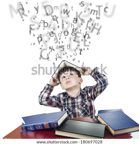 Child against the rain of numbers and letters with a book over his head