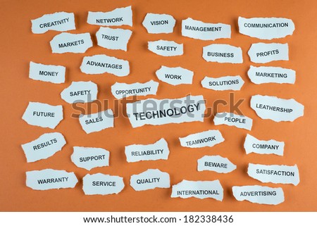 Concepts about business written on scraps of paper with an orange background