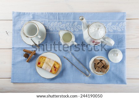 Table set for breakfast with candied fruit cake, tea and coffee