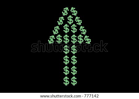 Arrow made up of dollar signs, pointing straight up - black background.