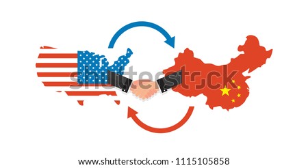 Two businesspeople handshake after good deal. US America and China flags on map. USA and China trade relations, cooperation strategy. vector illustration