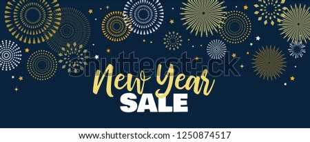 Sale banner background for New Year shopping sale. Happy New year sale lettering on sky full of gold fireworks. Design with for web online store or shop promo offer