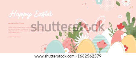 Happy Easter banner. Greeting card, poster or banner with bunny, flowers and Easter egg. Egg hunt poster. Spring background