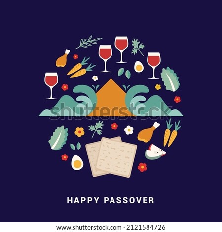 Pesah celebration concept, jewish Passover holiday. Matzah bread, spring flowers and passover greeting. Pesach template, invitation and greeting card design