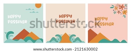 Jewish pesach holiday, Passover, greeting card set with the Egyptian pyramids and splitting sea. Happy Passover. Holiday Jewish exodus from Egypt. Pesach template for your design. Vector illustration