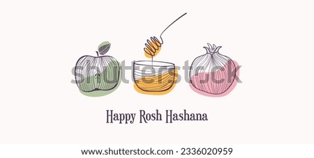 Rosh Hashana, Jewish holiday. Translation from Hebrew - Happy New Year. Apple, honey and pomegranate Jewish New Year symbols and icons. Vector illustration
