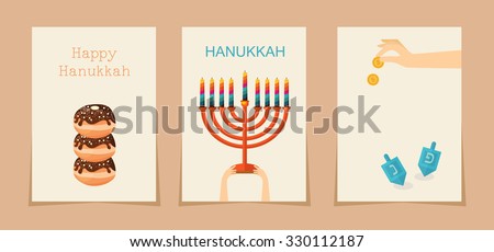 Jewish holiday hanukkah three cards .  ( Hebrew letters on a Hanukkah dreidel, which stand for the phrase, A great miracle happened here)