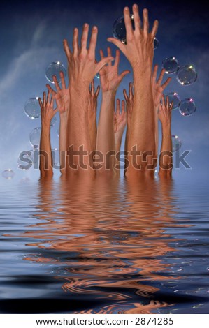 Multiple Hands Reaching into Dark Sky Out of Water