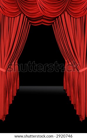 Vertical old fashioned elegant theater stage with velvet curtains leading upstage in an arch
