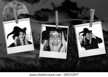 Scary Pictures of a Witch on instant photos With Haunted House Background