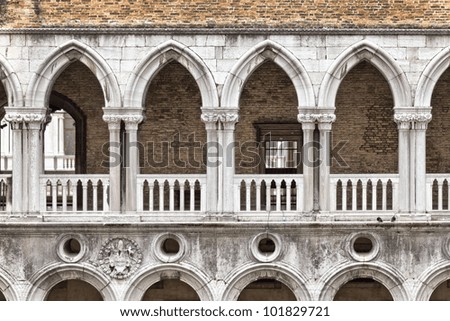 Arcade of the Doge\'s Palace, beautiful example of Gothic architecture in Venice, Italy