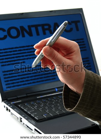 Let\'s close the deal: laptop, digital pen and reached out  hand; word contract on computer screen