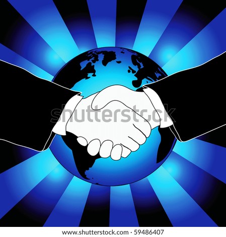 Illustration showing a handshake with the world globe in the background, international business collaboration theme
