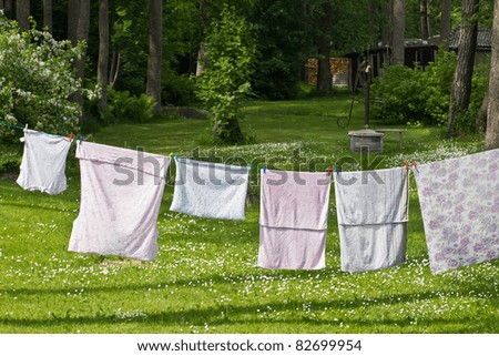 Clothes on the backyard drying on the clothesline after washing