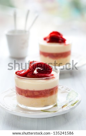 Layered rhubarb and quark dessert - stock photo