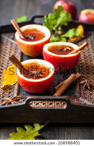 Apple cider with cinnamon sticks and anise star in apple cups