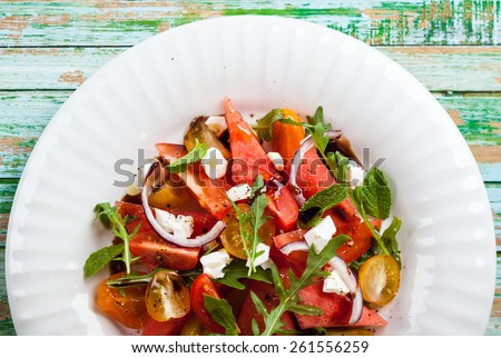 Tomato and Watermelon Salad with Feta and balsamic sauce