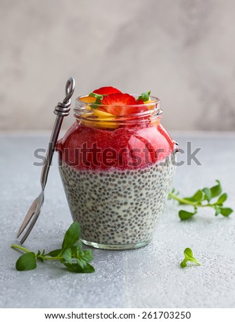 Strawberry and chia seeds pudding in a jar for breakfast