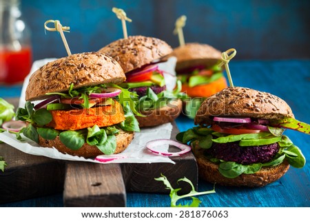 Veggie beet and carrot burgers with avocado