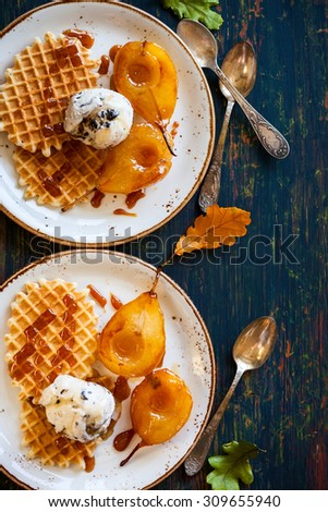 Caramelized pears with waffles, ice-cream and caramel sauce