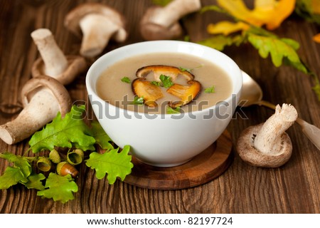 Bowl of cream of mushroom soup with fried mushrooms