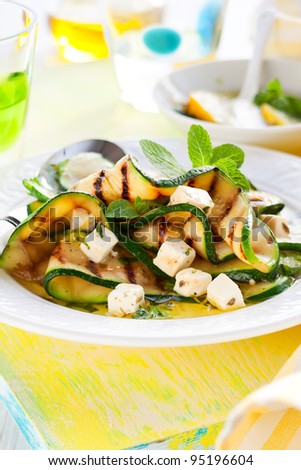 Grilled zucchini salad with feta,mint and lemon
