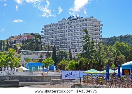ALUSHTA, UKRAINE - JUN 01: newly constructed Radisson Blue Hotel near Black Sea in Alushta, Ukraine on June 01, 2013. Hotel has 146 new suites ready for tourists.