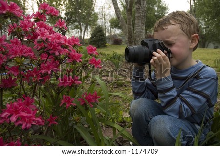 Young boy taking pictures of flowers