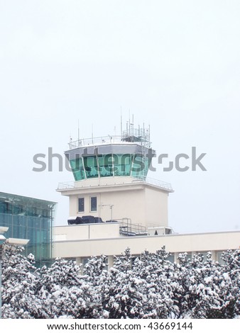 Vertical shot of the aerodrome control point. Location Riga airport. Control tower.