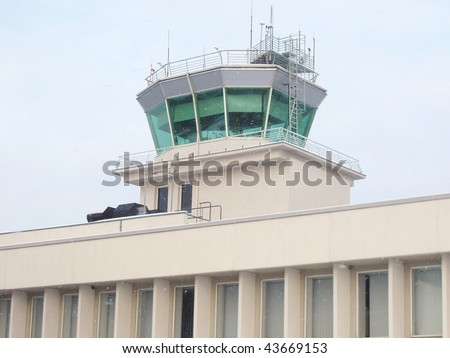 Horizontal shot of the aerodrome control point. Location Riga airport. Control tower.