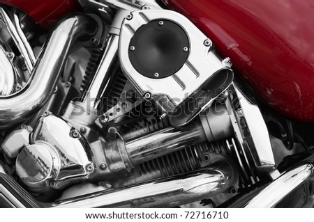 Motorbike engine. Red tank and chrome metal finish engine. Superbike.