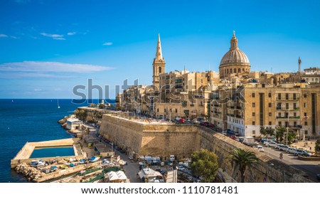 Similar – Foto Bild Panoramablick auf die Skyline von Valletta bei wunderschönem Sonnenuntergang von Sliema mit den Kirchen Our Lady of Mount Carmel und St. Paul’s Anglican Pro-Cathedral, Valletta, Hauptstadt von Malta