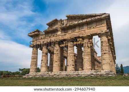Second temple of Hera at Paestum archaeological site, one of the most well-preserved ancient Greek temples in the world, Province of Salerno, Campania, Italy