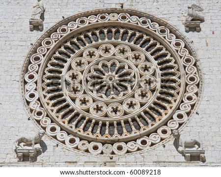 Similar – Image, Stock Photo Rose window and sculpted filigrees at the front of a gothic cathedral