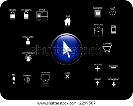 Glossy 3D icon and various other icons with reflection. Theme: Security, Date and Time, Music, Internet