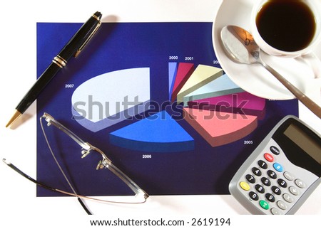 A cup of coffee resting on a colorful generic pie chart. Concept: Financial statement.