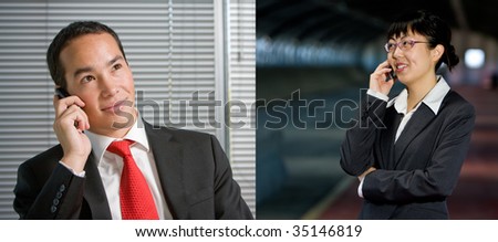 Business man and woman talking on a mobile or cell phone