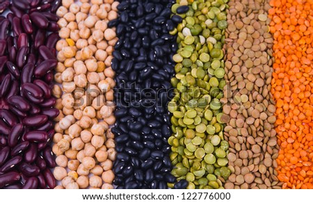 kidney bean, lentil, peas and chick-pea as a background