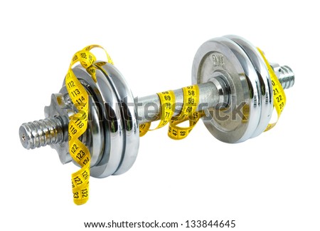 dumbbells with meter tape on a white background