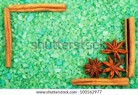 Frame  with green bath salt, anise and cinnamon,