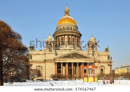 ST.PETERSBURG, RUSSIA - JANUARY 23: Saint Isaac\'s Cathedral or Isaakievskiy Sobor (1858) in Saint Petersburg, Russia is the largest Russian Orthodox cathedral in the city on January 23,2014 .