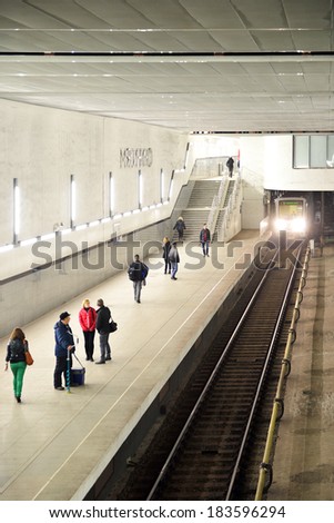 MOSCOW, RUSSIA - MARCH 23,2014:Myakinino is a Moscow Metro station in Krasnogorsk,Moscow Oblast.Myakinino opened on 26 December 2009,located near Moscow Oblast Administrative HQ and Crocus City Mall