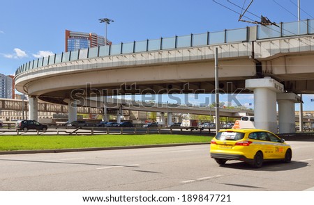 MOSCOW,RUSSIA - APR 24,2014:Leningradsky Avenue is major arterial avenue.It changes name once again to Leningrad Highway past Sokol metro station.Highway continues its way to Saint Petersburg via Tver