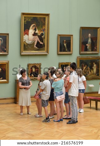 MOSCOW, RUSSIA - AUGUST 7, 2014:State Tretyakov Gallery is art gallery in Moscow and is foremost depository of Russian fine art in world. Gallery\'s history starts in 1856. Hall of artist K.Bryullov